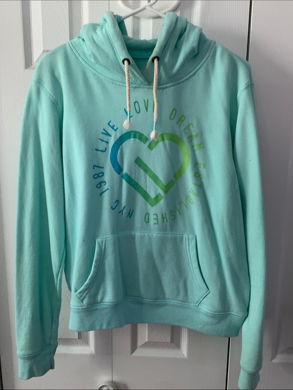 Aeropostale Aqua Cowl-Neck Pullover with Green & Blue Heart Logo